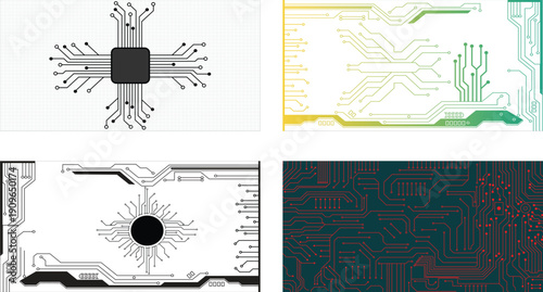 Bundle of 4 technology circuit board.  Collection of digital high tech style vector background. 