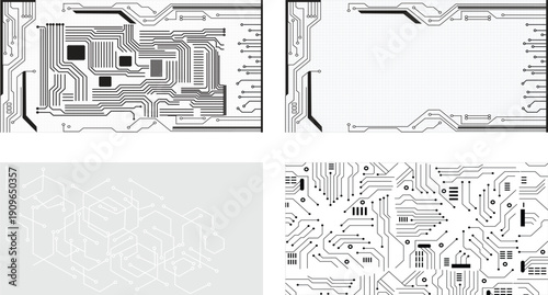 Set of 4 seamless patterns. Circuit board texture. Collection of digital high tech style vector background/