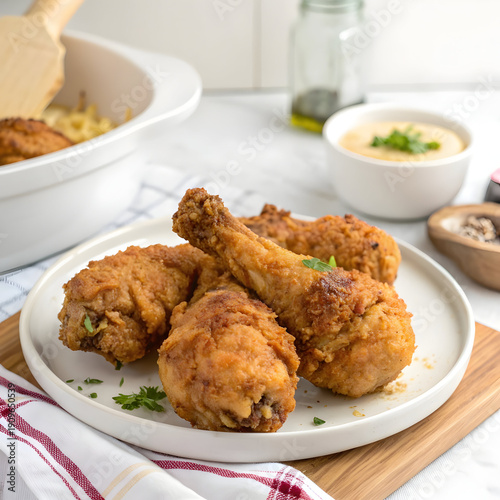 Crispy Fried Chicken Legs on White Plate with Fresh Herbs and Dipping Sauce