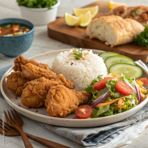 Delicious Plate of Crispy Fried Chicken with Fresh Salad, White Rice, and Assorted Toppings on a Table