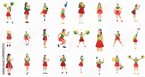 Large set of vector illustrations featuring cheerleaders in various poses, from enthusiastic cheering with pom-poms and winning trophies to practicing fitness and game planning.