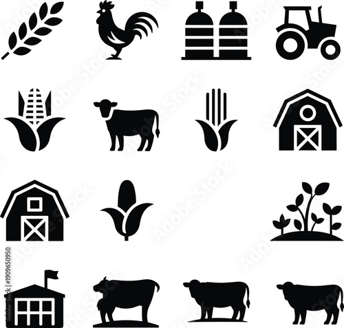 Agriculture farm icon set with tractor barn crops livestock wheat corn rooster plants black silhouette vector illustration