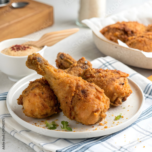 Crispy Fried Chicken Legs on White Plate with Herbs and Spices on Side Dish