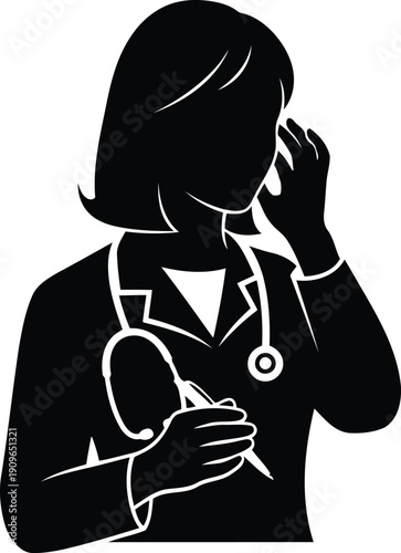 Silhouette illustration of a female doctor holding a pen and stethoscope, looking concerned or thoughtful