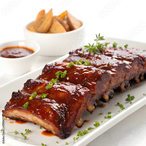 Delicious Glazed Ribs on a White Plate with Fresh Herbs and Dipping Sauce