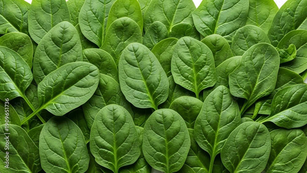 Obraz premium Fresh Spinach Leaves Photography Close-up Top View Healthy Green Food Ingredient for Cooking and Nutrition
