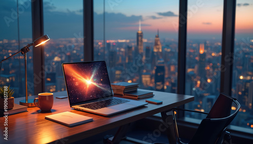 Desk in skyscraper office at dusk with city lights. Laptop displays cosmic scene. Coffee mug, plant, books on table. Ready for work or study.