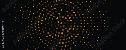 Golden radial halftone gradient. Round pop art comic glitter backdrop texture. Gold dotted pattern background. Yellow confetti wallpaper for banner, poster, flyer, party decor, presentation. Vector