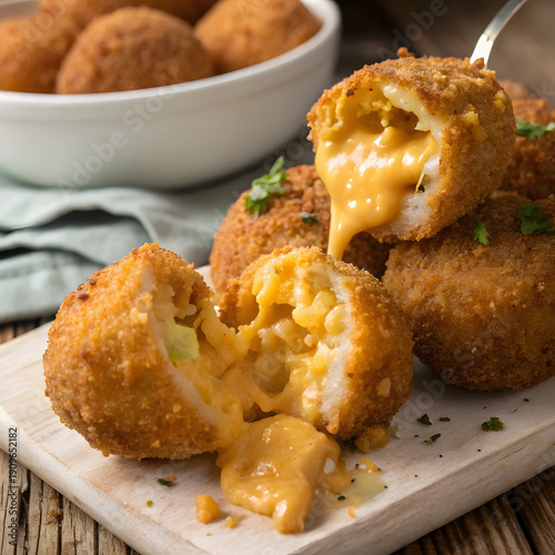 Delicious Fried Cheese Balls with Melted Cheddar Filling on Wooden Cutting Board
