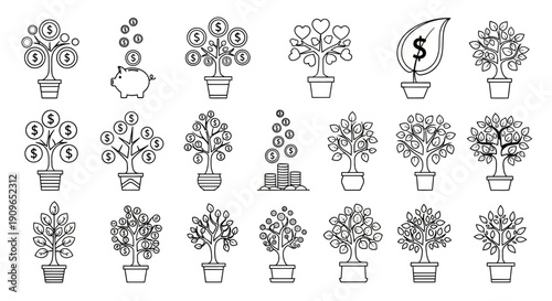 Set of Money Tree and Financial Growth Icons with Piggy Bank and Money Stacks, Illustrating Diverse Investment Concepts on a White Background