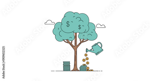 Money Tree Being Watered by a Watering Can with Stacks of Coins, Symbolizing Nurturing Investments and Careful Financial Growth on a White Background