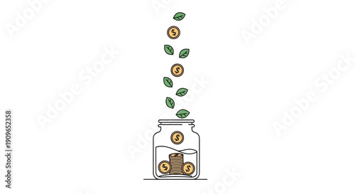 Dollar Coins and Leaves Falling into a Glass Money Jar, Representing Savings and Investment Growth on a White Background