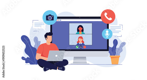 Man on laptop participating in a video conference with multiple participants, representing remote work, virtual meetings, and online communication.