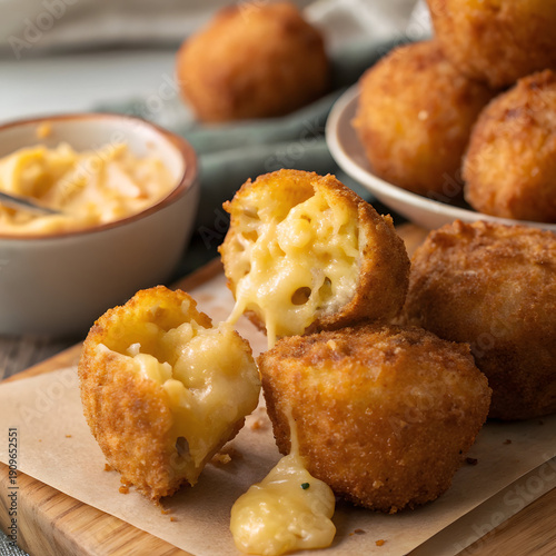 Delicious Mac and Cheese Bites on Wooden Board with Golden Fried Exterior and Oozing Cheesy Interior
