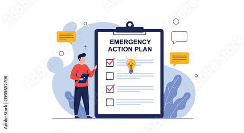 Man reviewing an 'EMERGENCY ACTION PLAN' checklist, illustrating crisis management, strategic planning, and preparedness for unforeseen events.