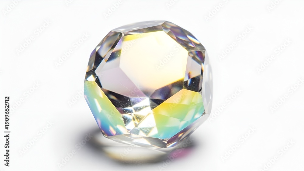 Naklejka premium Prism Crystal Faceted Sphere Photography, Abstract Geometric Shape with Rainbow Refractions, Isolated on White Background for Luxury Design and Science Concepts