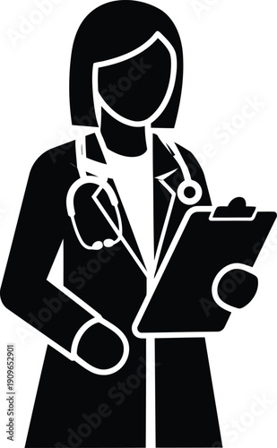 Simple vector silhouette of a female doctor holding a clipboard and wearing a stethoscope, representing a dedicated medical professional