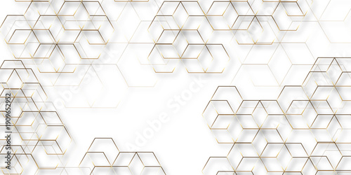 Abstract hexagon white background with shadow .golden background Futuristic blue neon honeycombs. Modern technology design. Vector illustration.	