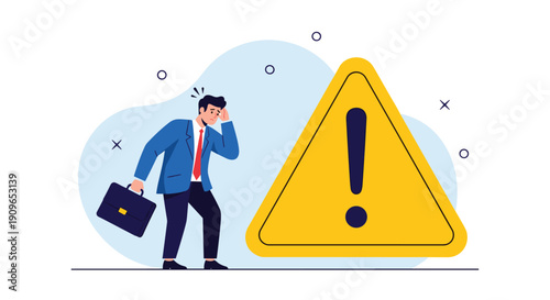 Stressed businessman clutching his head next to a giant exclamation mark, representing urgent business warnings and critical problem alerts.