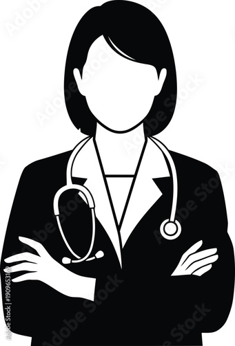 Illustration of a confident female doctor wearing a stethoscope and a lab coat, with her arms crossed