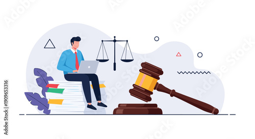 Man on laptop on stack of documents with scales of justice and gavel, representing online legal services and digital law consultations.