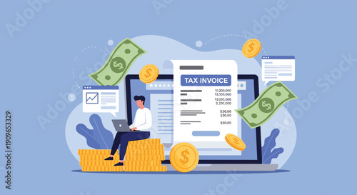 Man on laptop with 'TAX INVOICE' on screen, surrounded by money, symbolizing online financial transactions and digital tax management.