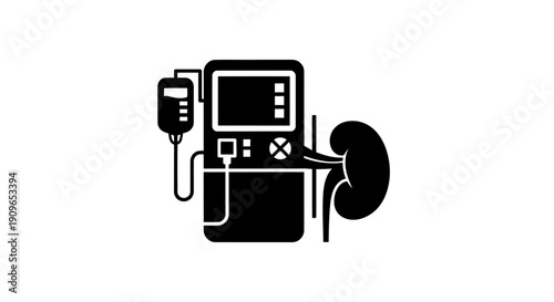 Medical dialysis machine illustration showing kidney function replacement therapy in a clinical setting, viewed from the front.