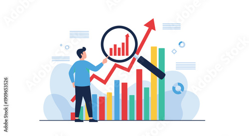 Man with magnifying glass analyzing a rising bar chart, symbolizing market trend analysis, performance tracking, and business growth insights.