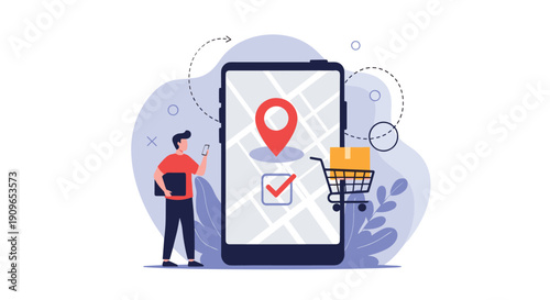 Man using a smartphone with a location pin and shopping cart, representing online order tracking, logistics management, and e-commerce delivery.