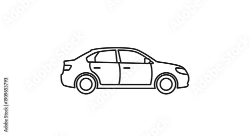Line drawing of a modern sedan car black and white silhouette