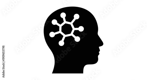 Illustration shows a human head with molecule structure inside representing science concept.