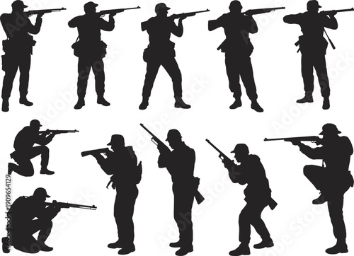 Large collection of black soldier and hunter silhouettes featuring men in various tactical shooting positions with rifles and shotguns, isolated on a white background. (Exactly 25 words)