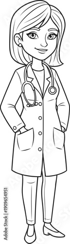 Cartoon illustration of a smiling female doctor with a stethoscope around her neck, standing with hands in pockets