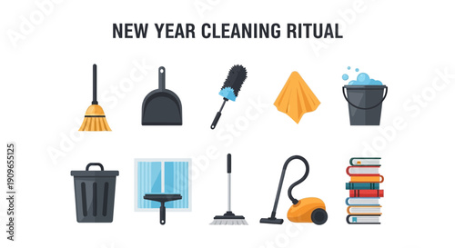Flatstyle icons depicting various cleaning tools and books under the title NEW YEAR CLEANING RITUAL