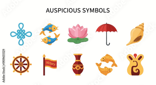 Ten Buddhist auspicious symbols illustrated in two horizontal rows on white