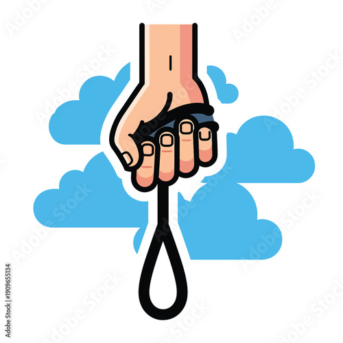 Hand grasping a whisk in a firm grip against a cloudy background illustration