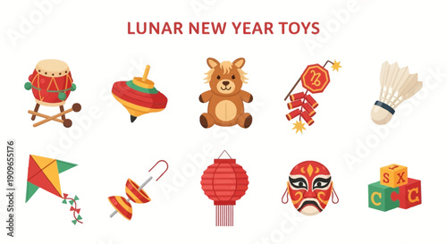 Ten distinct illustrations of toys associated with Lunar New Year events