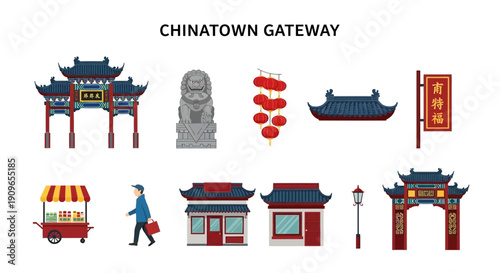 Flat illustrations of Chinatown gateway elements archways statue lanterns roof sign vendor person lamp