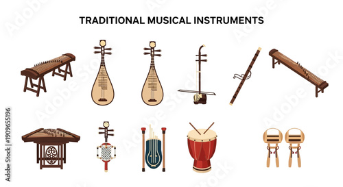 Ten traditional Chinese musical instruments displayed in two rows on a white background