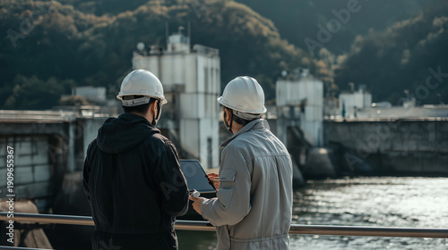 AI generator images of Engineers inspect critical infrastructure, the operation of hydroelectric dams, preventative maintenance, and safety monitoring of clean energy sources in the engineering indust