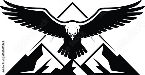 Majestic Bald Eagle Flying Over Mountain Peaks Vector Logo, Powerful Bird Silhouette with Wings Spread for Outdoor Adventure Branding and Sport Mascot Graphic Design (25 words)