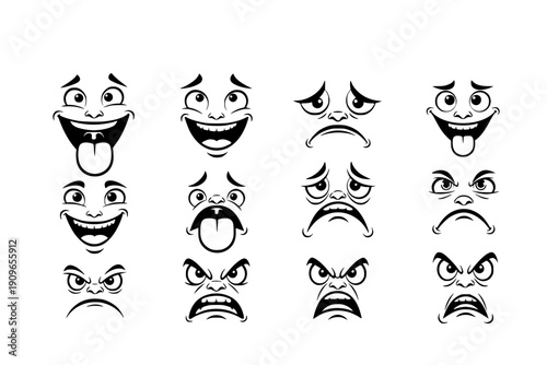 Cartoon face expression. Emotional comic face with eyes, mouths, tongue and teeth. Concept caricature feeling. Happy, sad and angry characters emotions. Vector set 