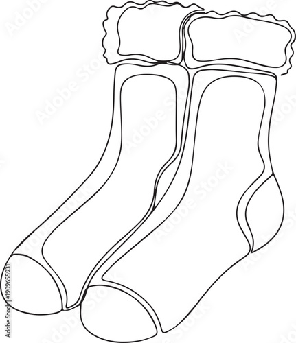 Line drawing of a pair of winter socks with a fluffy trim