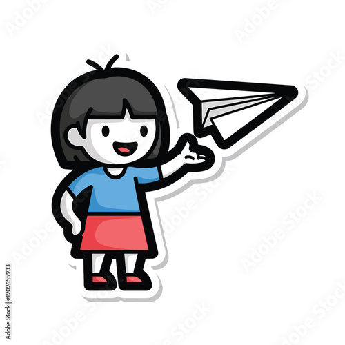 Young girl happily launching a paper airplane into the air with excitement and joy