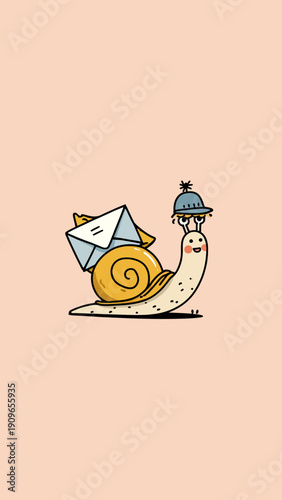 Cute snail character wearing a tiny hat delivering mail on a soft peach background
