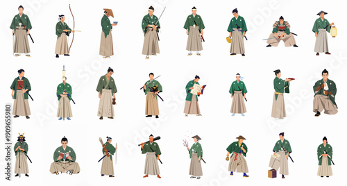 Diverse set of Japanese samurai, warriors, and Edo period figures in traditional green kimono and hakama, illustrated performing various activities like sword fighting, archery, and reading.