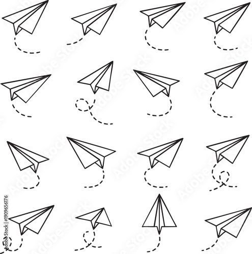 Hand drawn paper plane doodles icon set with dotted flight paths