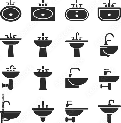 Modern bathroom sink icon set collection, black silhouette washbasin symbols isolated on white background, plumbing sanitary ware vector illustration for interior design and renovation