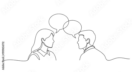Continuous line drawing of a man and woman with speech bubbles engaged in conversation. no editable stroke