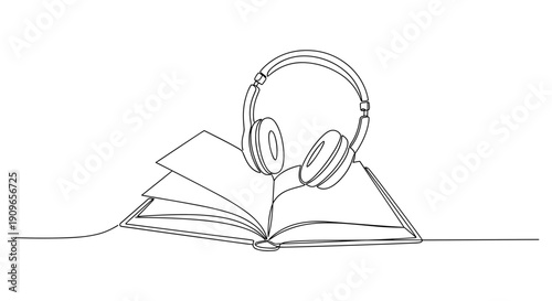 Line art of open book with headphones symbolizing audiobooks and learning. no editable stroke